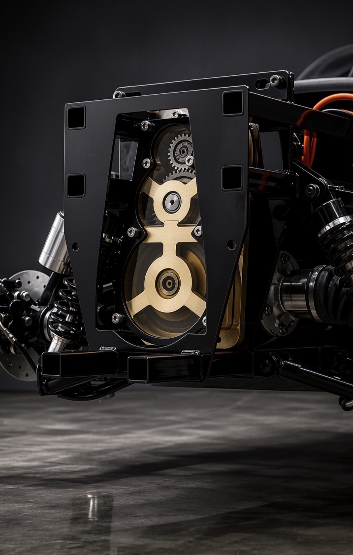 Machined drivetrain gear case with brass internals