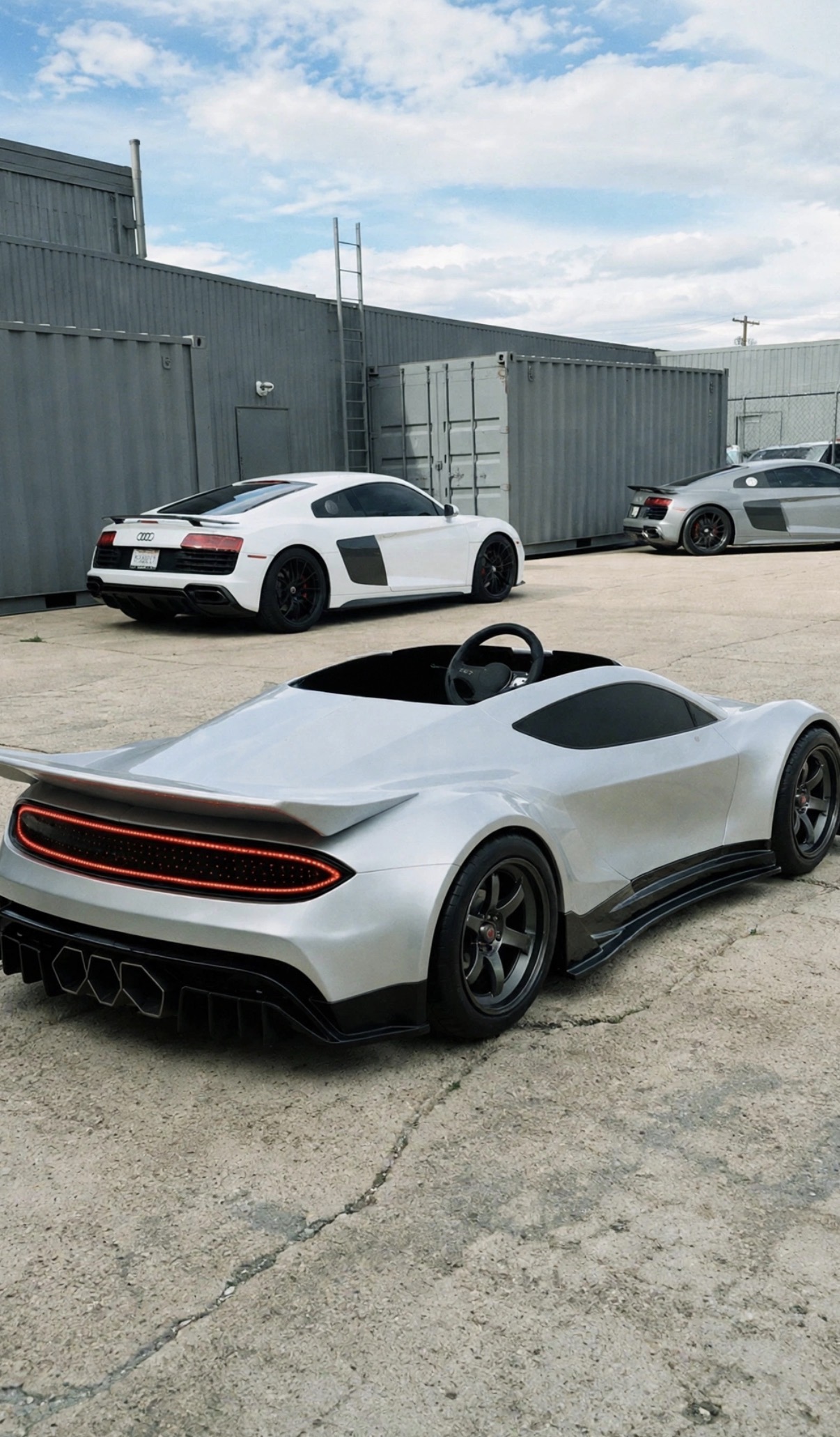 GENOS R1 rear three-quarter, outdoors at the works with the full-size machines behind it